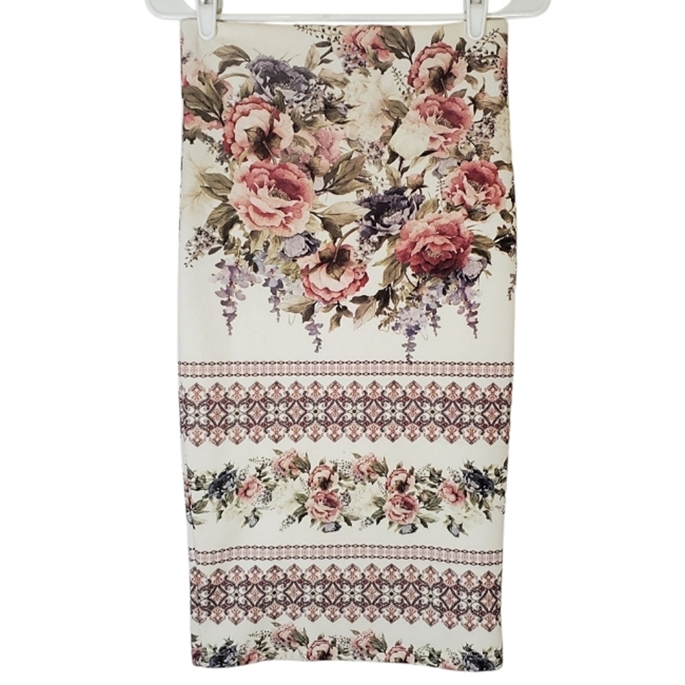 2234 * A3 Design Floral Pencil Skirt White Off White Pink Size S Made In USA